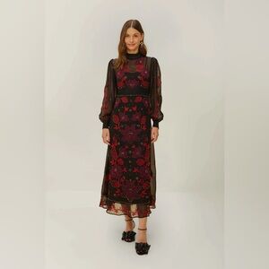 FARM Rio Black Organza Long Sleeve Midi Dress
